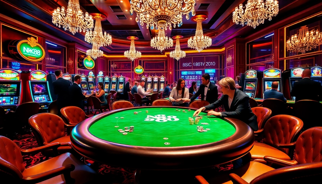 Exciting NK88 casino scene with players at a poker table and vibrant slot machines.