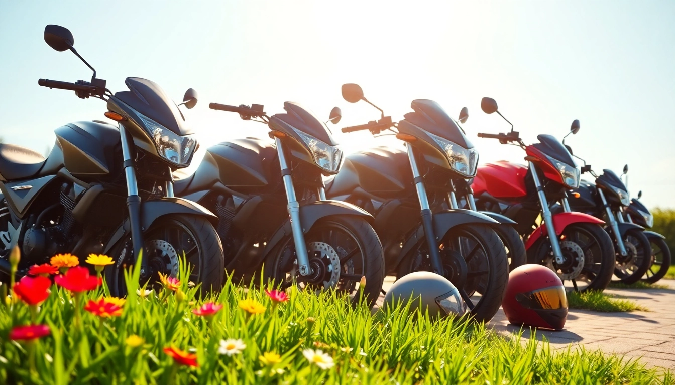 Showcase of budget DOT approved motorcycles for sale in a vibrant outdoor setting.