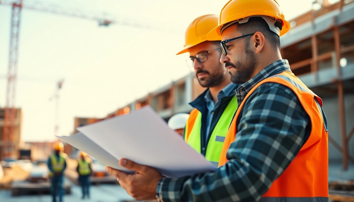 New Jersey Construction Manager analyzing blueprints at a construction site amidst busy activity.