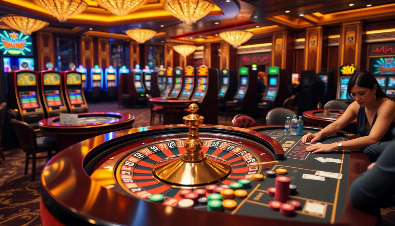 Experience the thrill of gambling at king88 with vibrant slot machines and an elegant roulette wheel.
