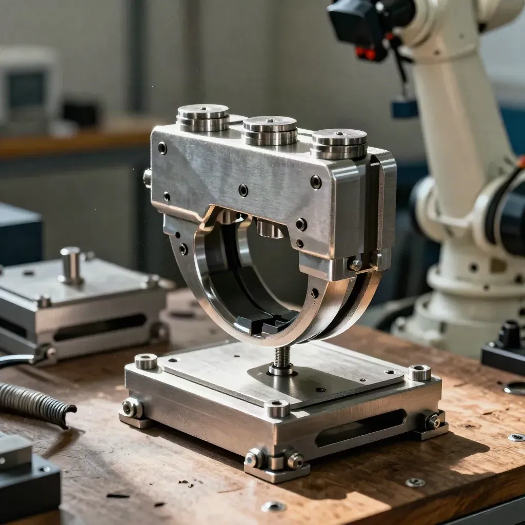 Robotic gripper head locked on a test fixture with vacuum cups and machined clamps.