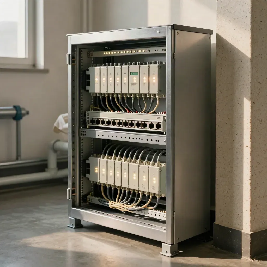 Open PLC cabinet with glowing status LEDs and neatly wired terminals in warm workshop light