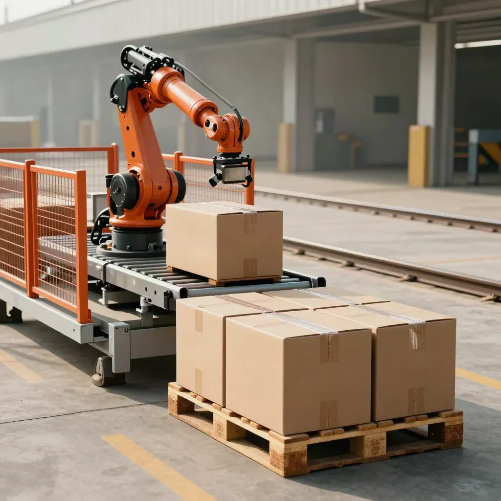 Orange-fenced robot cell with conveyor and square pallet of cartons in a bright warehouse