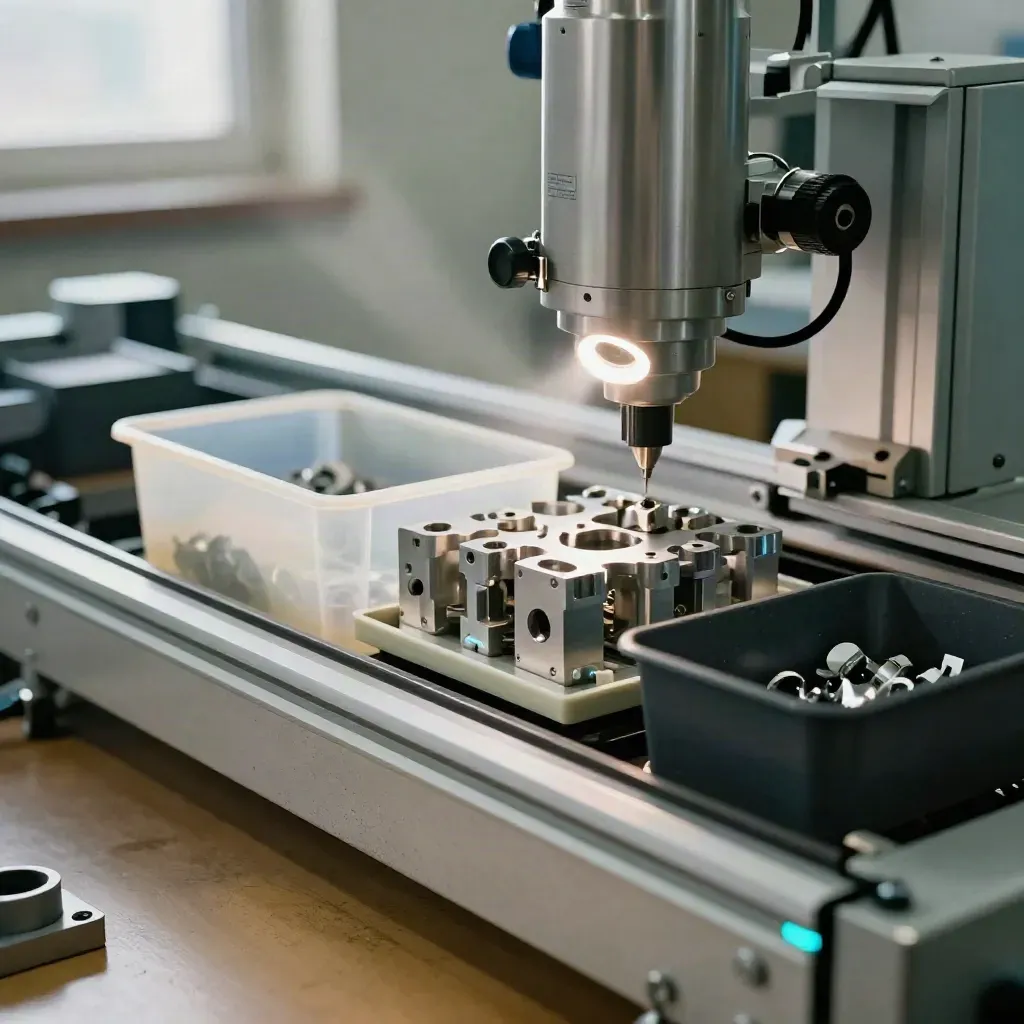 Industrial vision inspection station scanning machined parts beside sorting bins