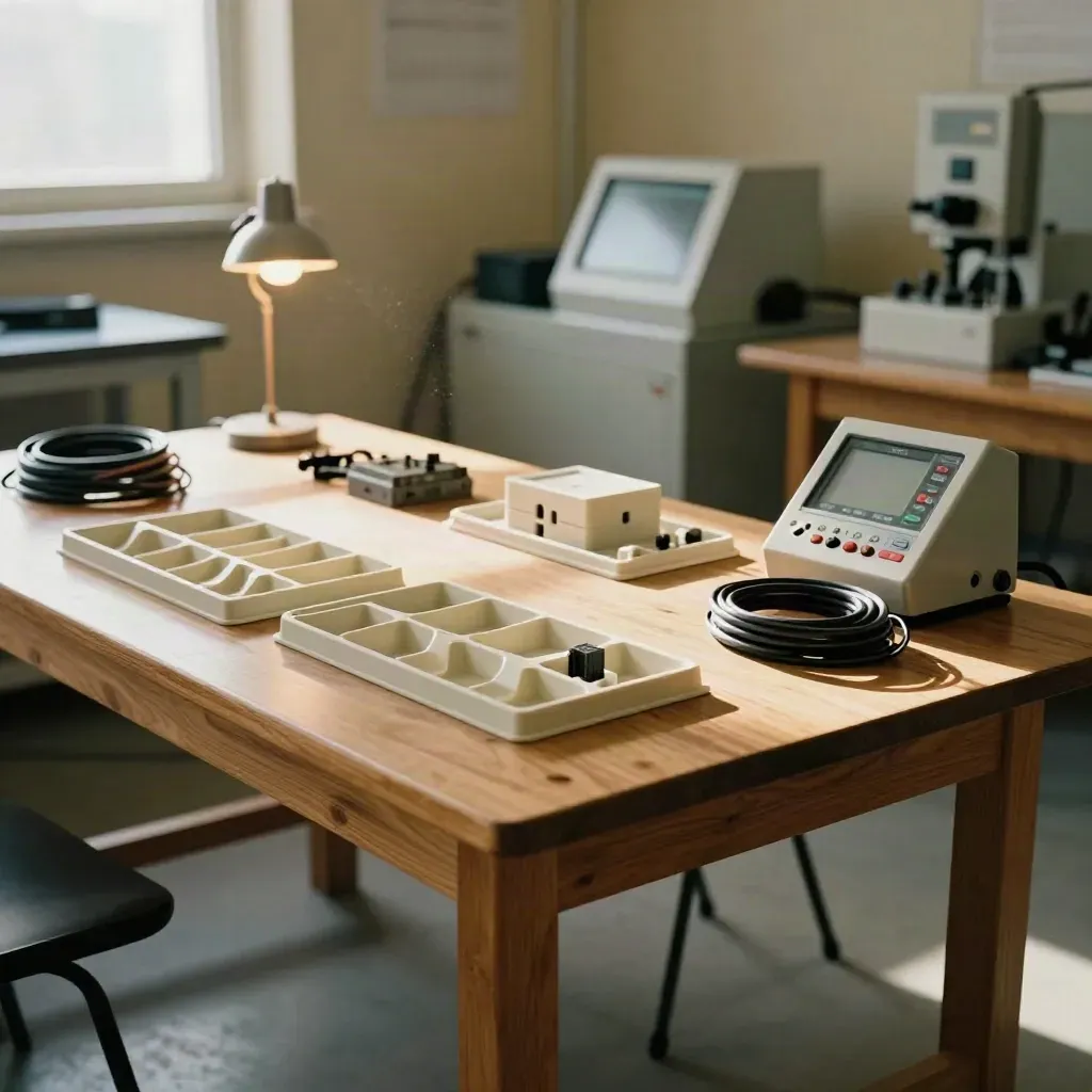 Training bench with dummy parts, pendant, fixture kit in a warm industrial lab
