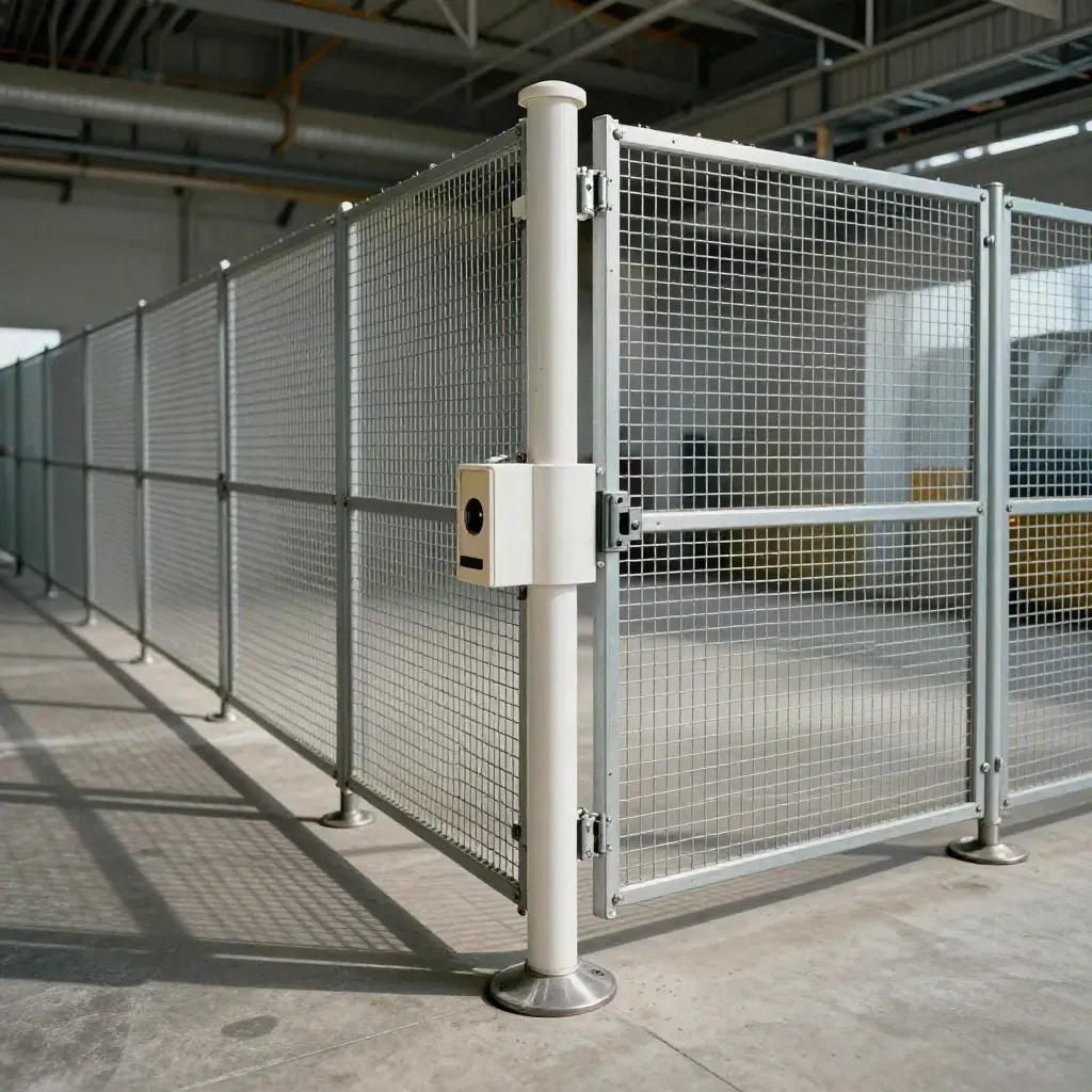 Low diagonal view of safety fence panels, scanner posts, and an interlocked robot cell lane.