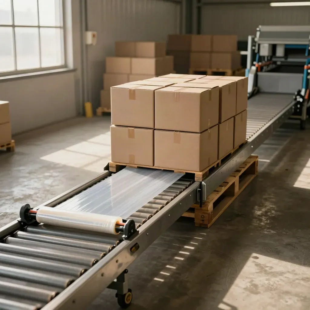 Finished packing line with pallet wrapper, conveyors, and stacked boxes at a dock