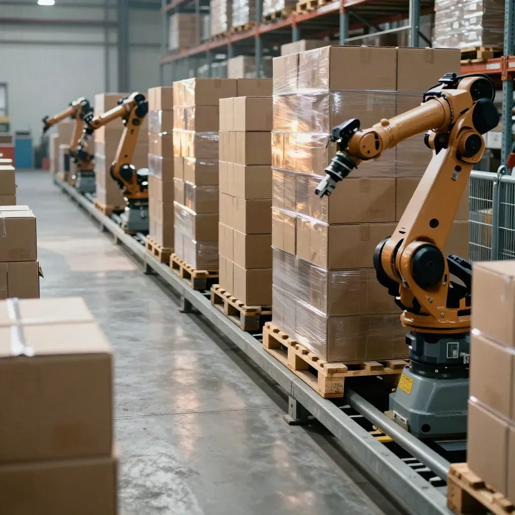 Two robots palletizing cartons in a hazy warehouse lane at night
