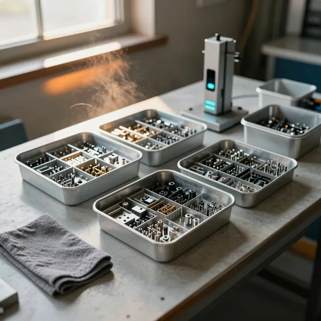 Sorted trays and mixed bins in a warm small-parts pick cell with a vision mast and amber late light.
