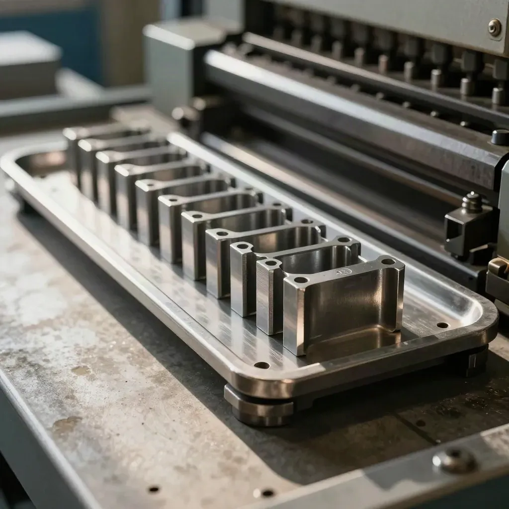 Macro of stamped blanks in a press cell output tray under dramatic sidelight