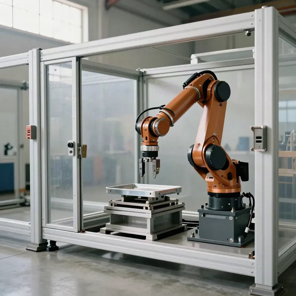 Robot safety enclosure with scanner posts and a compact arm mid-transfer in a clean factory aisle.