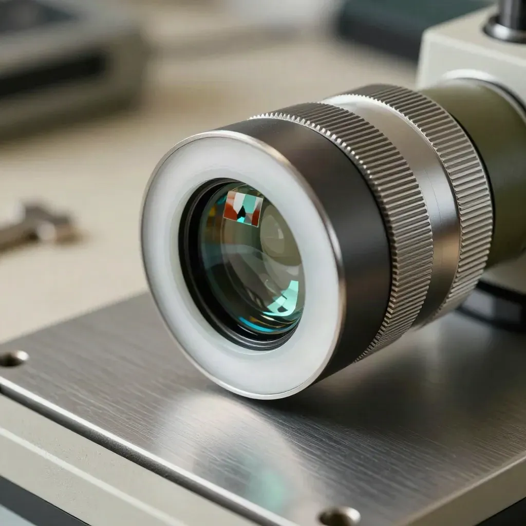 Close-up of a machine-vision lens, diffuser, and calibration target on a lab bench.