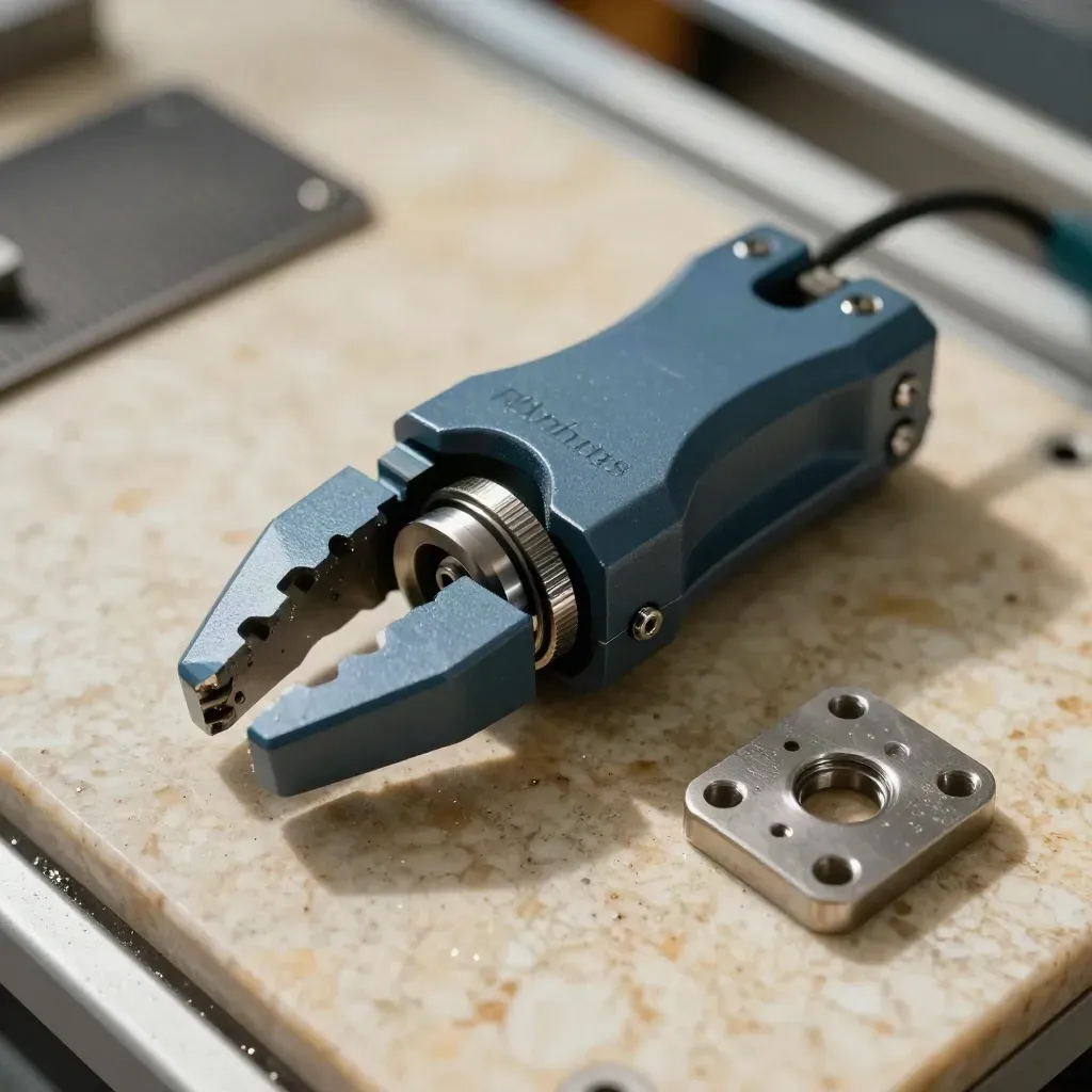 Macro of a robotics gripper jaw, spacer rings and fixture plate on a patinated bench.