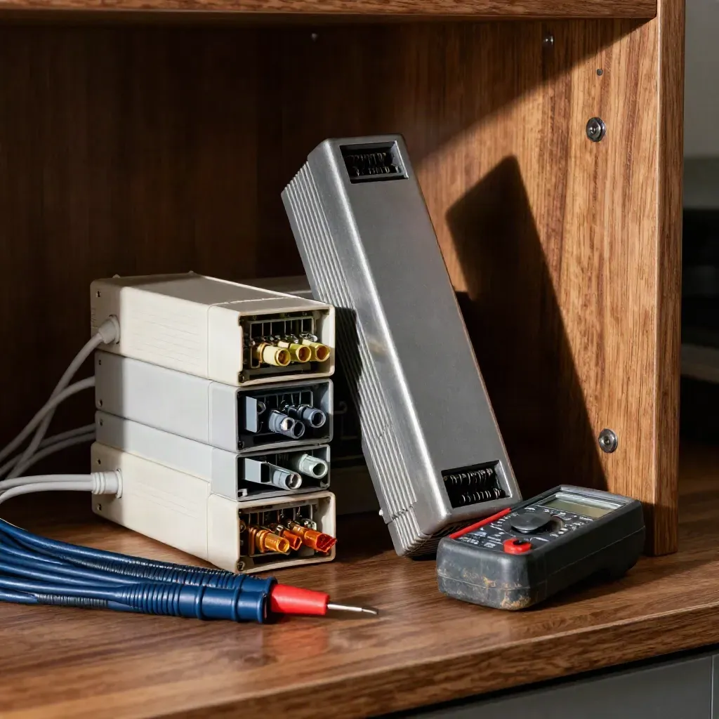 PLC modules and tools on a walnut workbench beside cable trunking, dramatic studio light