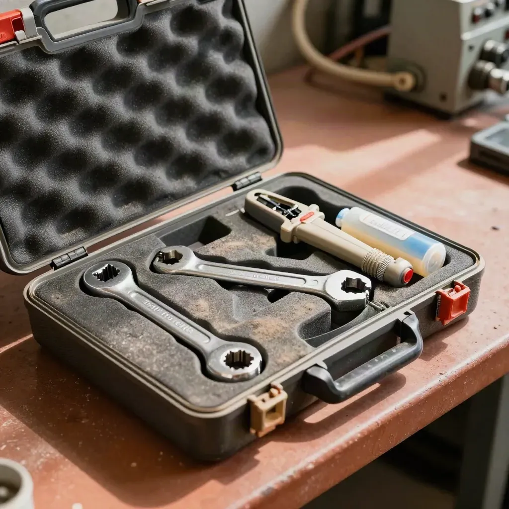 Open service kit with torque wrench, coupler, tester and grease cartridge on a workshop bench.