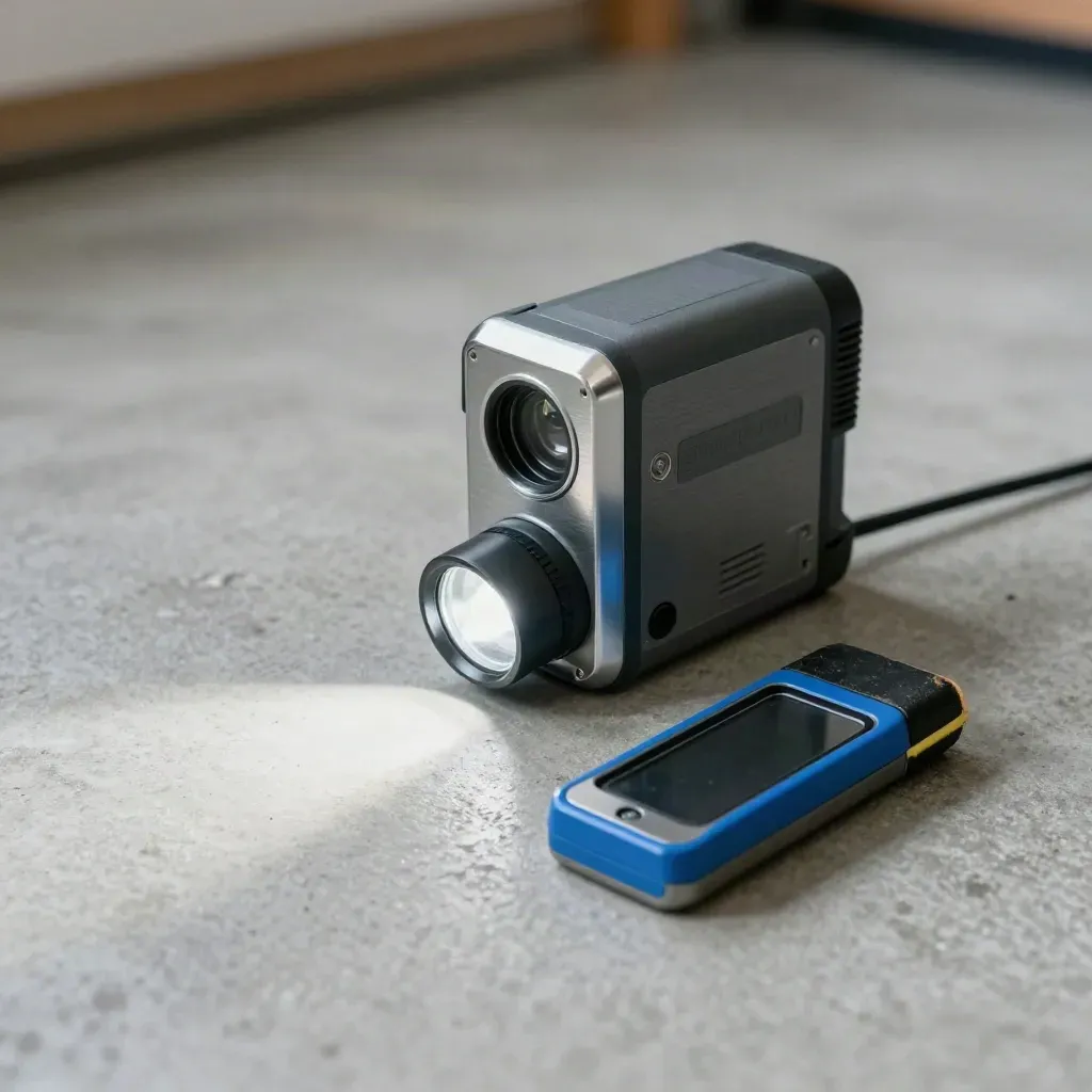 Site review kit: laser distance tool, safety scanner sample, floor puck marker, flashlight on concrete.
