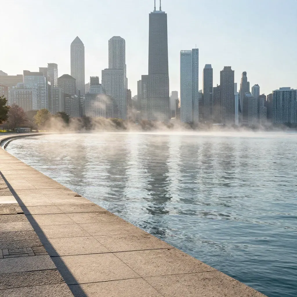 Chicago skyline over hazy lakefront water at dawn, towers high and shoreline calm for copy.
