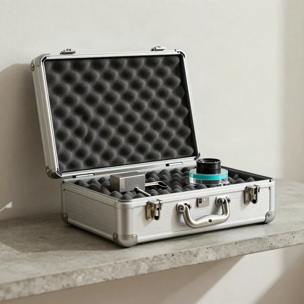 Open robotics startup kit with safety key, calibration block and sensor lens on stone shelf