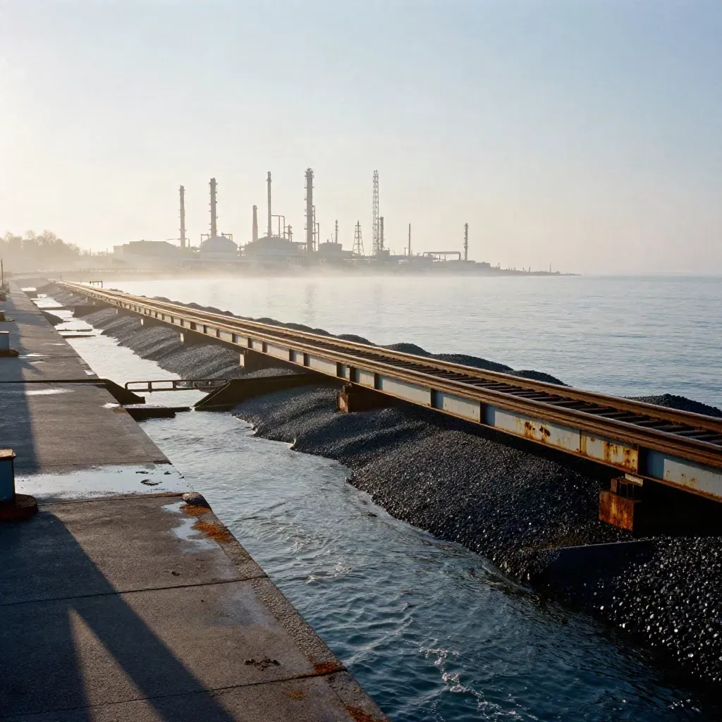 Industrial Lake Michigan shoreline at sunrise with rail lines, refinery forms, and misty water