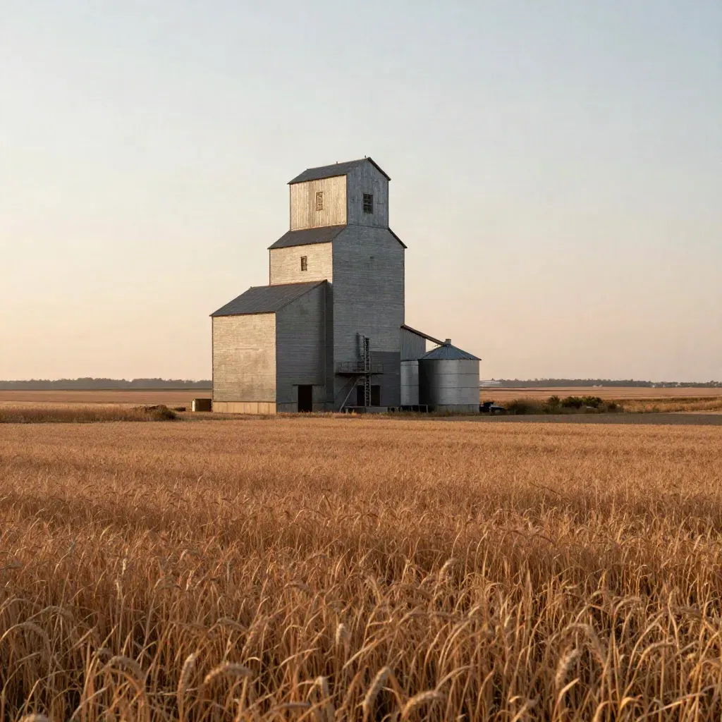 Sunlit grain elevator above amber Illinois farmland in heat haze