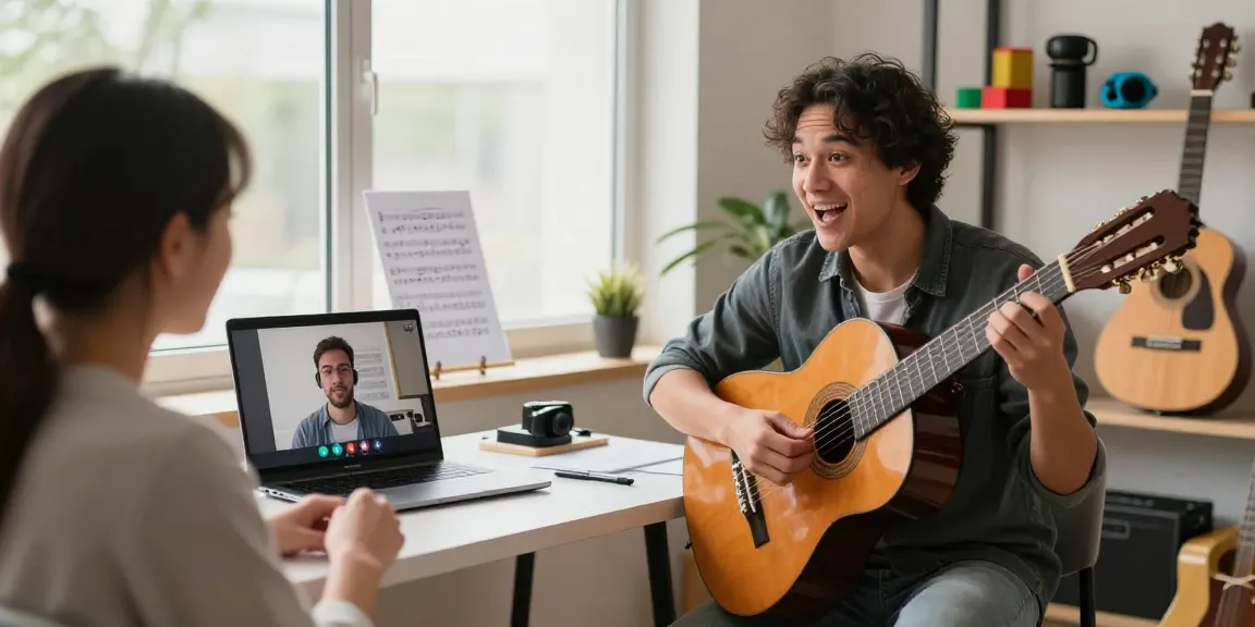 Remote Guitar Lessons with a certified instructor engaging a student in a warm home studio.
