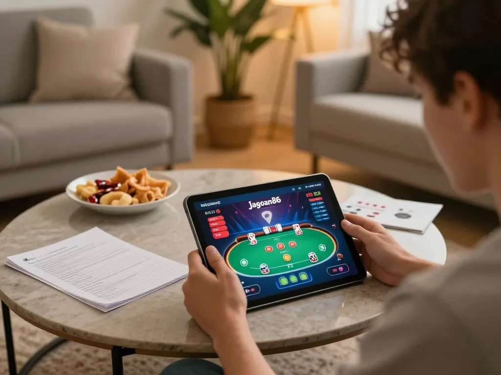 Engaging player using jagoan86 on tablet during online poker session in cozy home setting.