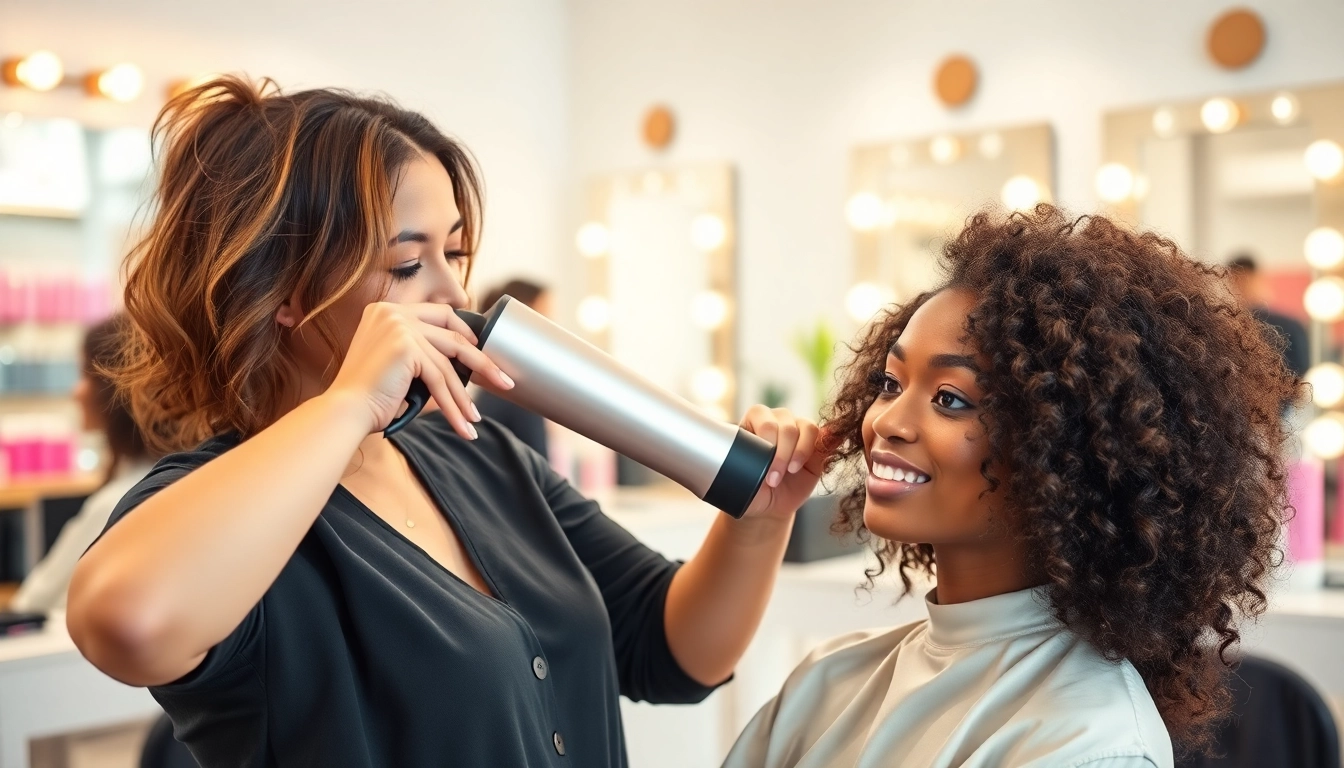 Stylist demonstrating a frizzy hair dryer on textured hair in a chic salon setting.