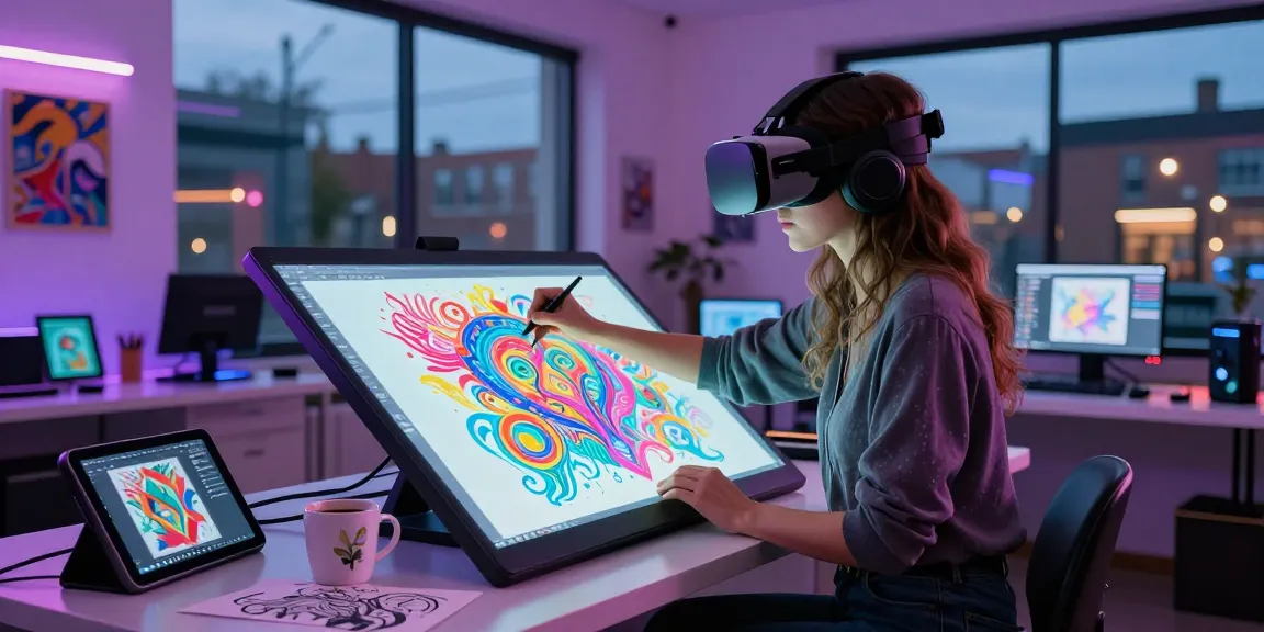 Artist using VR to create vibrant ai nsfw digital art in a modern studio.
