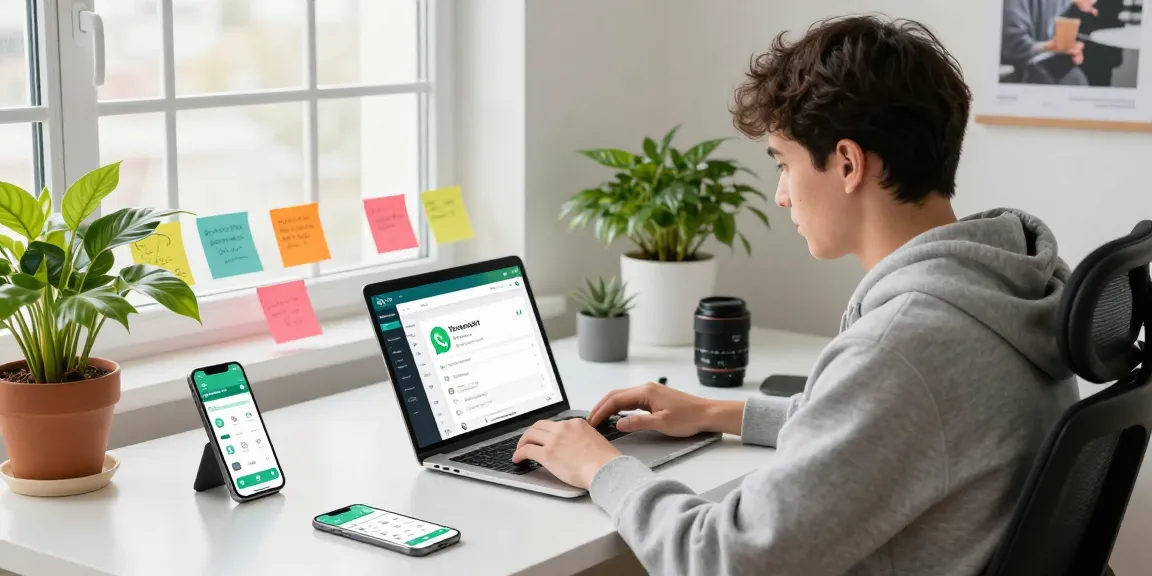 Developer creating WhatsApp下載 mobile app in a modern workspace.