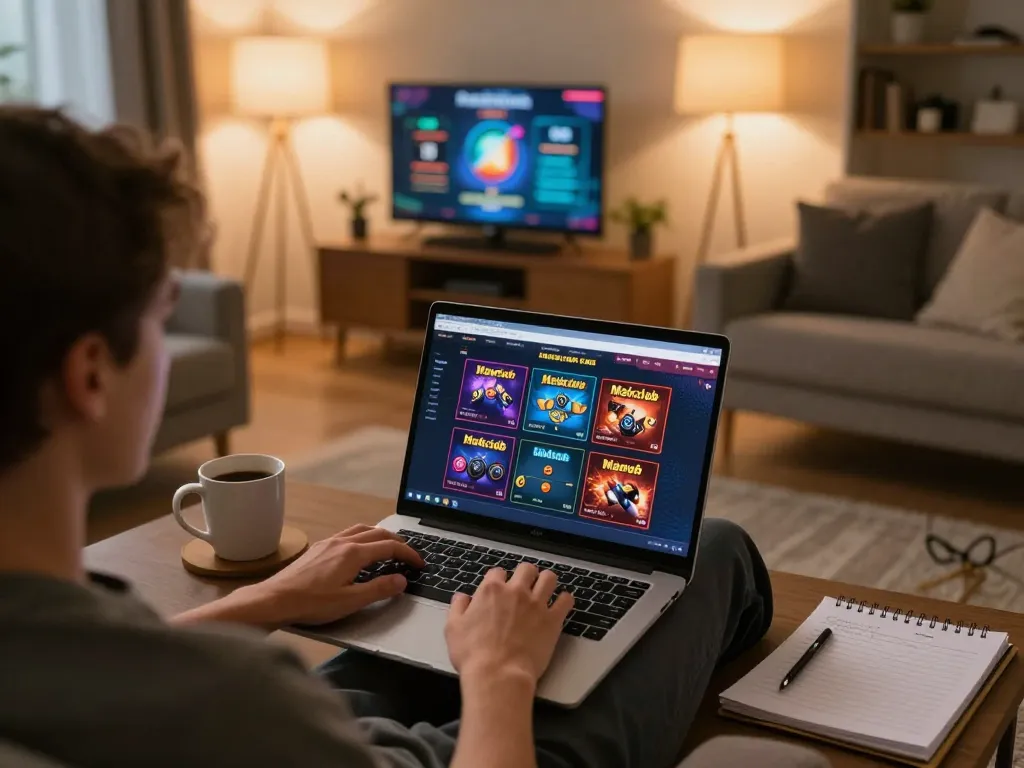 A player engages with manclub's online casino games at home, showing a laptop and strategy notes.