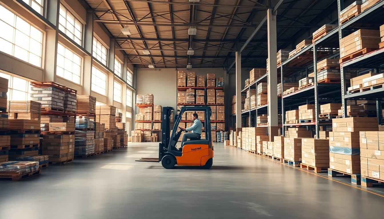 Organized warehouse near me with efficiently stacked pallets and natural lighting.