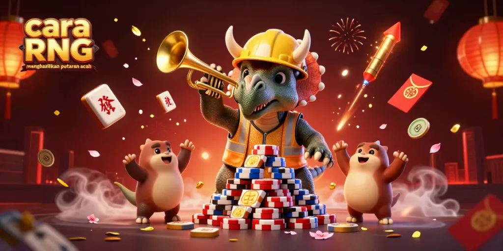 menunjukkan cara RNG menghasilkan putaran acak dalam permainan slot dengan karakter kartun di kasino