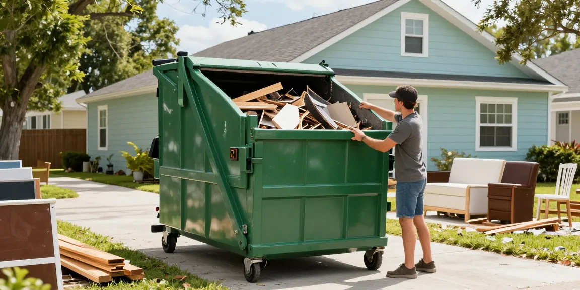 Efficient dumpster rental in Sarasota FL for homeowners managing renovation debris in a cheerful yard.