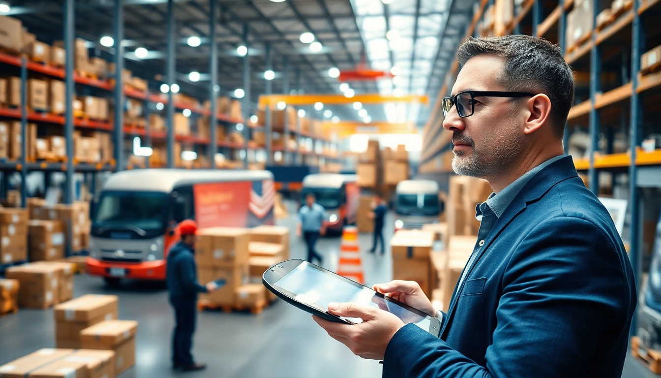 Optimize 3PL logistics operations with a professional manager in a busy warehouse.