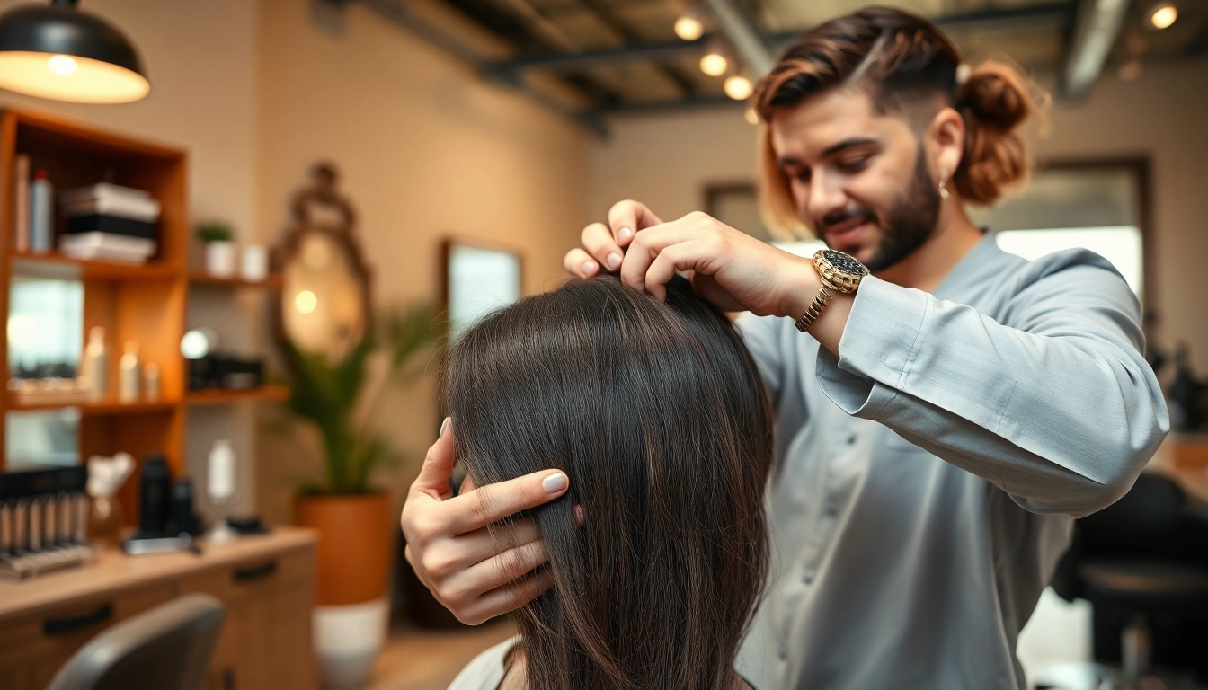 Ace of Fades 212 specialist applying a hair replacement system in a modern salon environment.