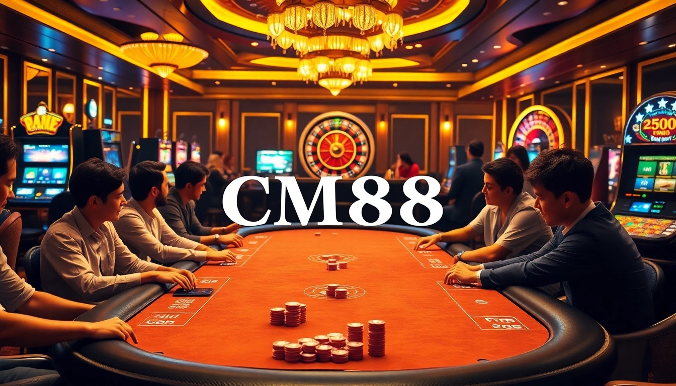 Experience the excitement of casino gaming with CM88 as players engage at a bustling poker table.