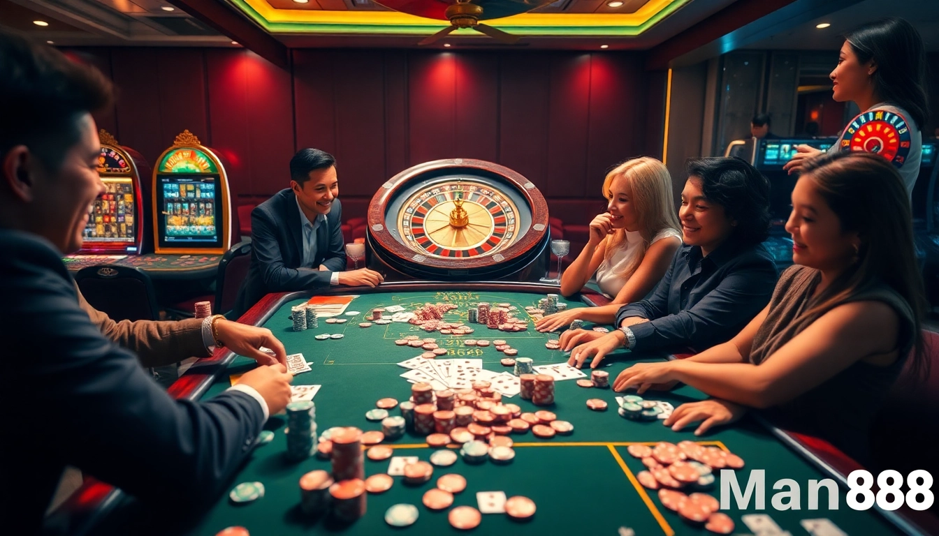 Exciting casino scene featuring Man88 with poker chips, cards, and a roulette wheel.