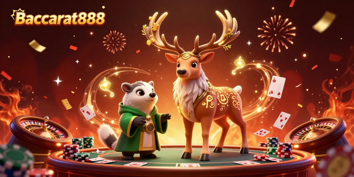 Baccarat888 gaming illustration featuring a druid stag and badger in a vibrant casino scene
