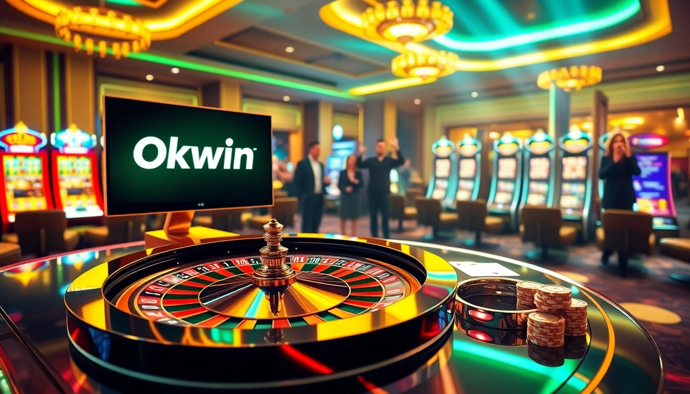 Engaging Okwin online gambling scene with roulette, cards, and dynamic players.