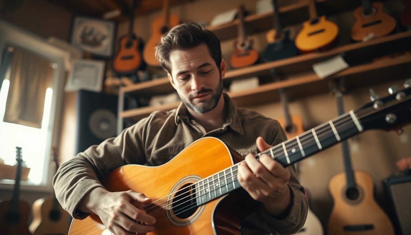 Engaged guitarist playing in a cozy room, showcasing https://guitarlessons.co.uk learning vibe.