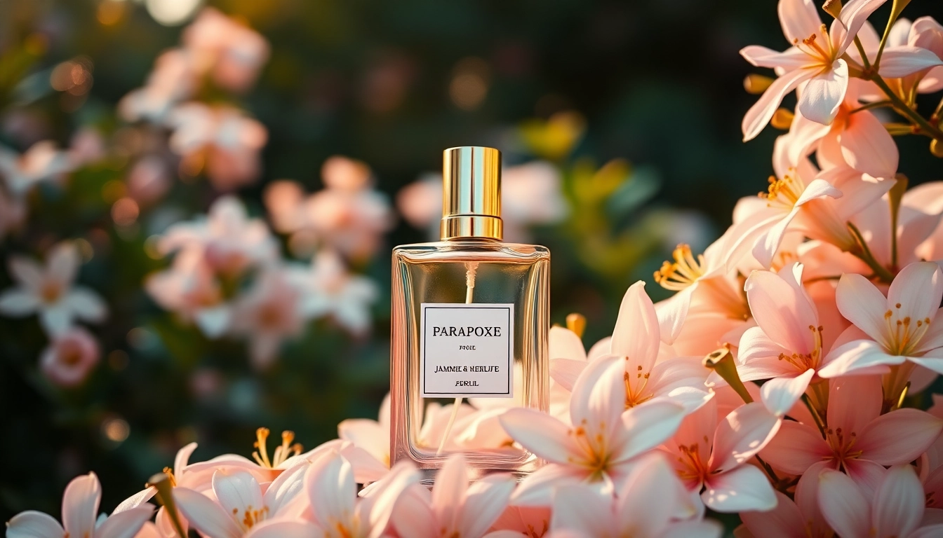 Showcasing Paradoxe perfume bottle elegantly surrounded by jasmine flowers and soft lighting.
