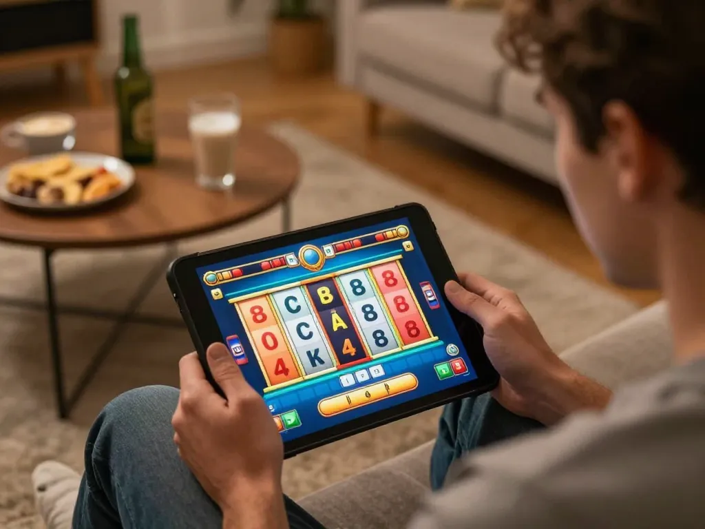 Player enjoying Mahjong slot game on tablet in cozy home setup with snacks and drinks.