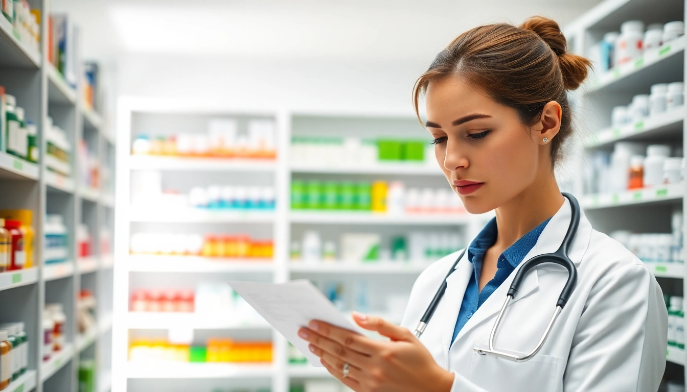 Online pharmacy pharmacist reviewing a prescription in a bright, modern setting