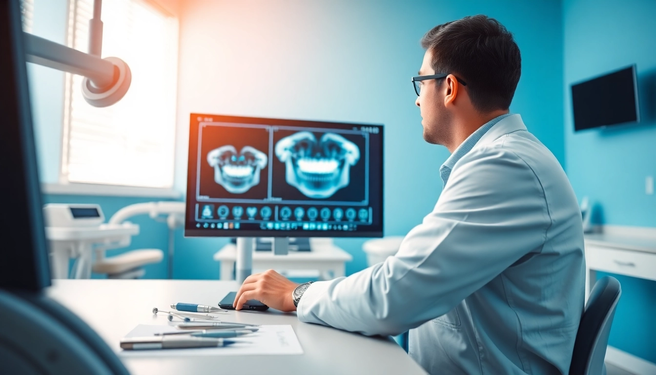orthodontics expert analyzing digital x-rays in a modern clinic