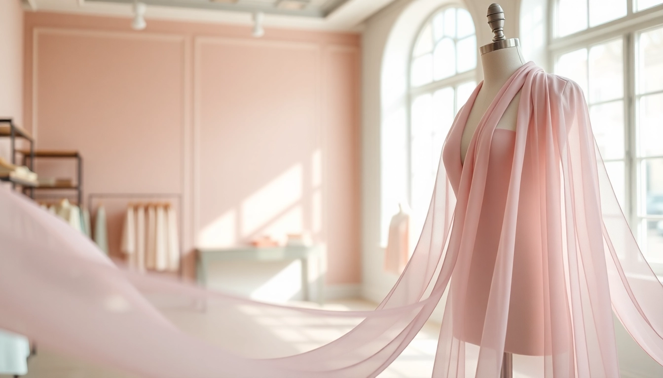 Chiffon stof mooi gepresenteerd in een elegante boetiek met zachte kleuren.