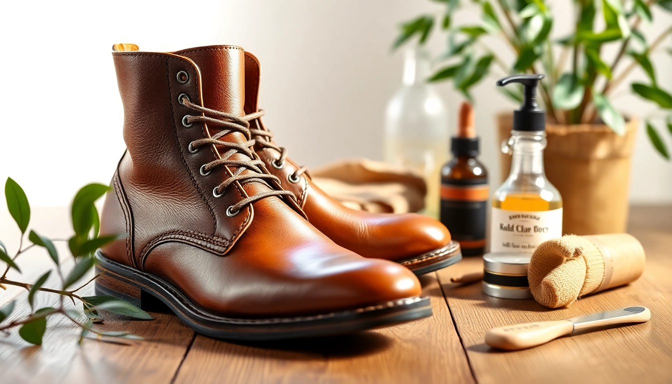 Conditioning oil-tanned leather boots showcased with natural care products highlighting their texture and beauty.