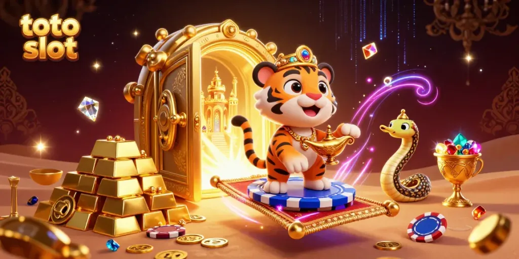 Menangkan permainan toto slot dengan sultan harimau dan harta karun berkilauan dalam ilustrasi 3D menyenangkan