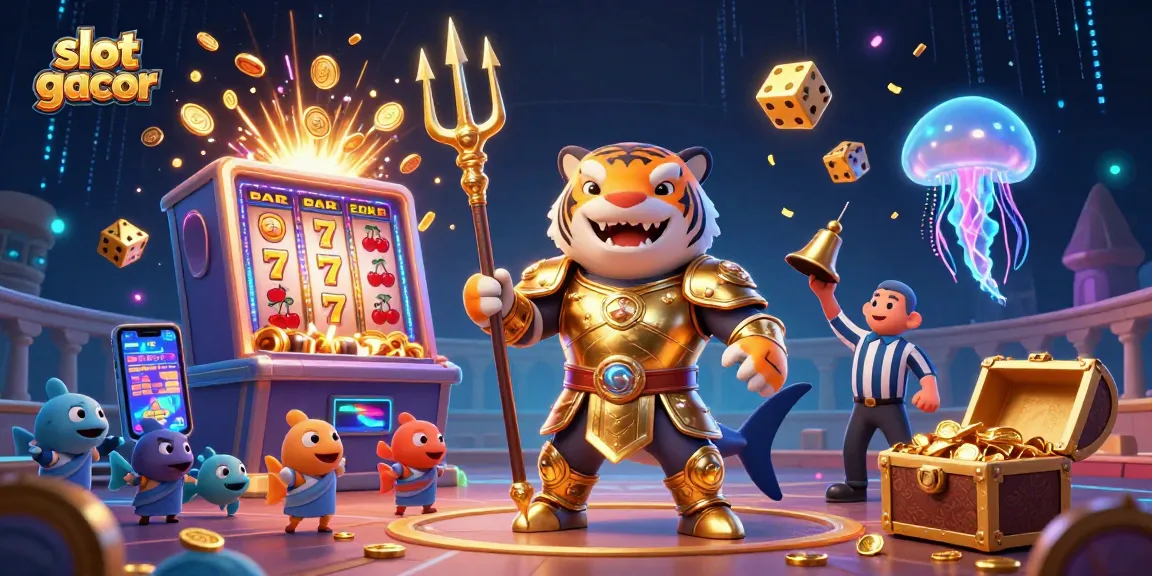 Menghidupkan slot gacor dengan simbol jackpot dan elemen kasino menarik di latar belakang laut.