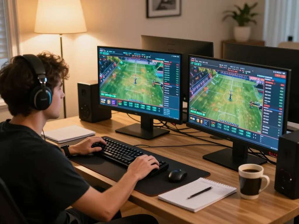 Keonhacai user engaged in sports betting on a sleek home setup with multiple screens.