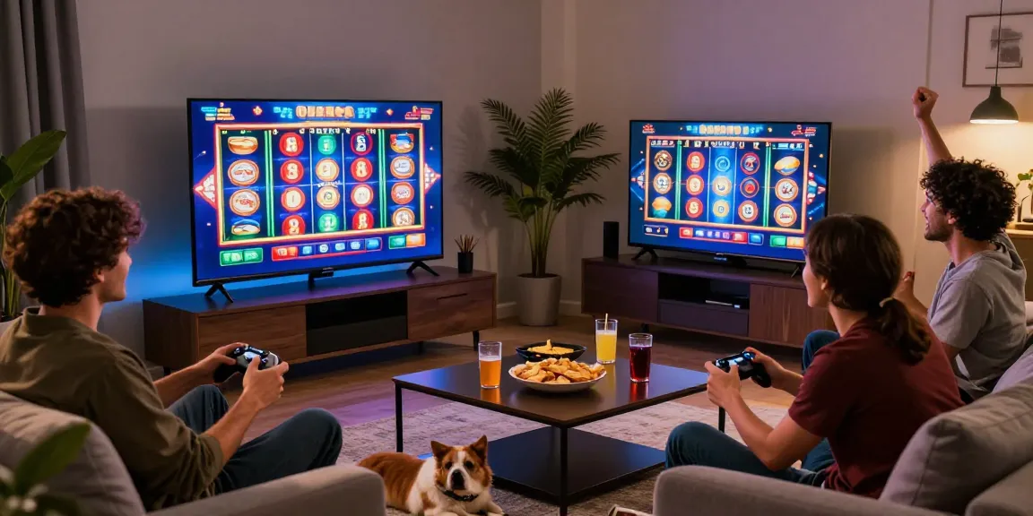 Engaging slot gacor gaming night with friends in a cozy living room.